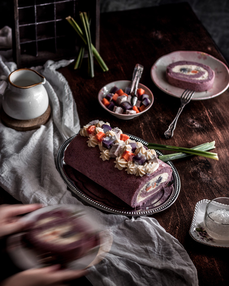 Malaysian dessert taro roll cake swiss roll moody food photography Melbourne, Australia