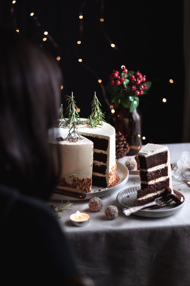 gingerbread spiced chocolate cake Christmas moody food photography